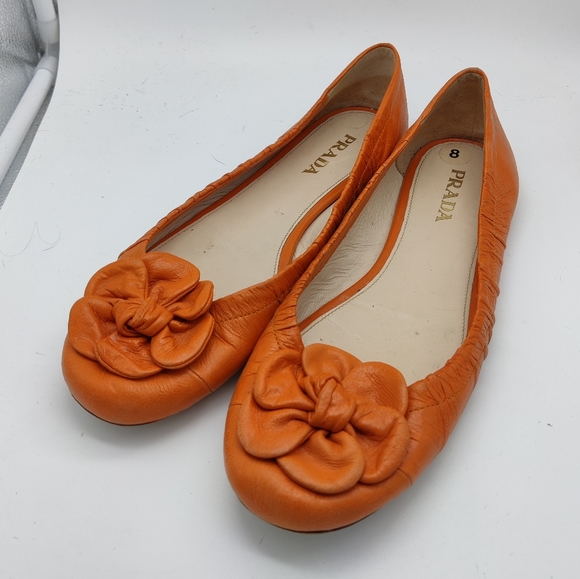 Prada Shoes - Prada Tangerine Orange Leather flats sz 38 1/2.